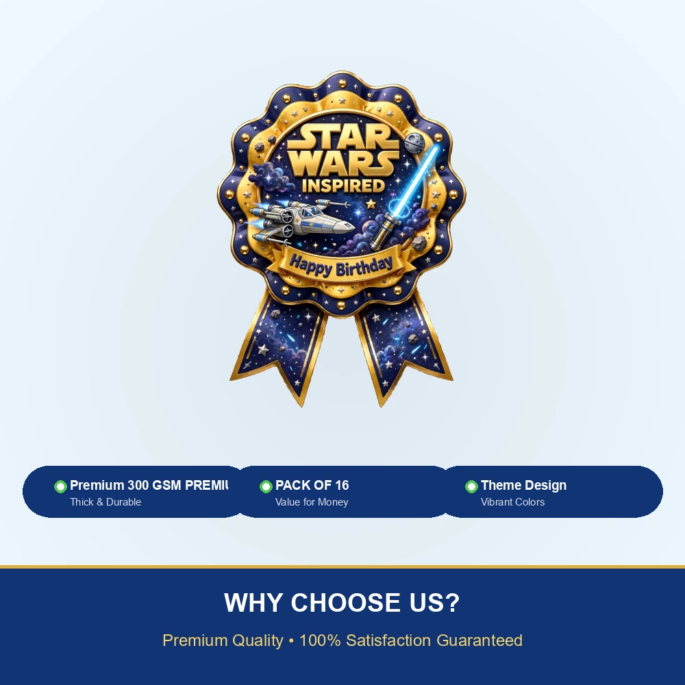 Star Wars Inspired Theme Theme Badges Birthday Party Supplies (PACK OF 16) - 300 GSM Premium Cardstock with Pin (3.7 x 3 Inch) - Premium Party Decor Supply by Party Decor Mall - View 7