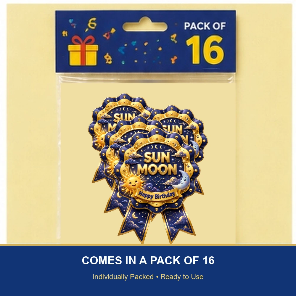Sun & Moon Theme Theme Badges Birthday Party Supplies (PACK OF 16) - 300 GSM Premium Cardstock with Pin (3.7 x 3 Inch) - Premium Party Decor Supply by Party Decor Mall - View 6