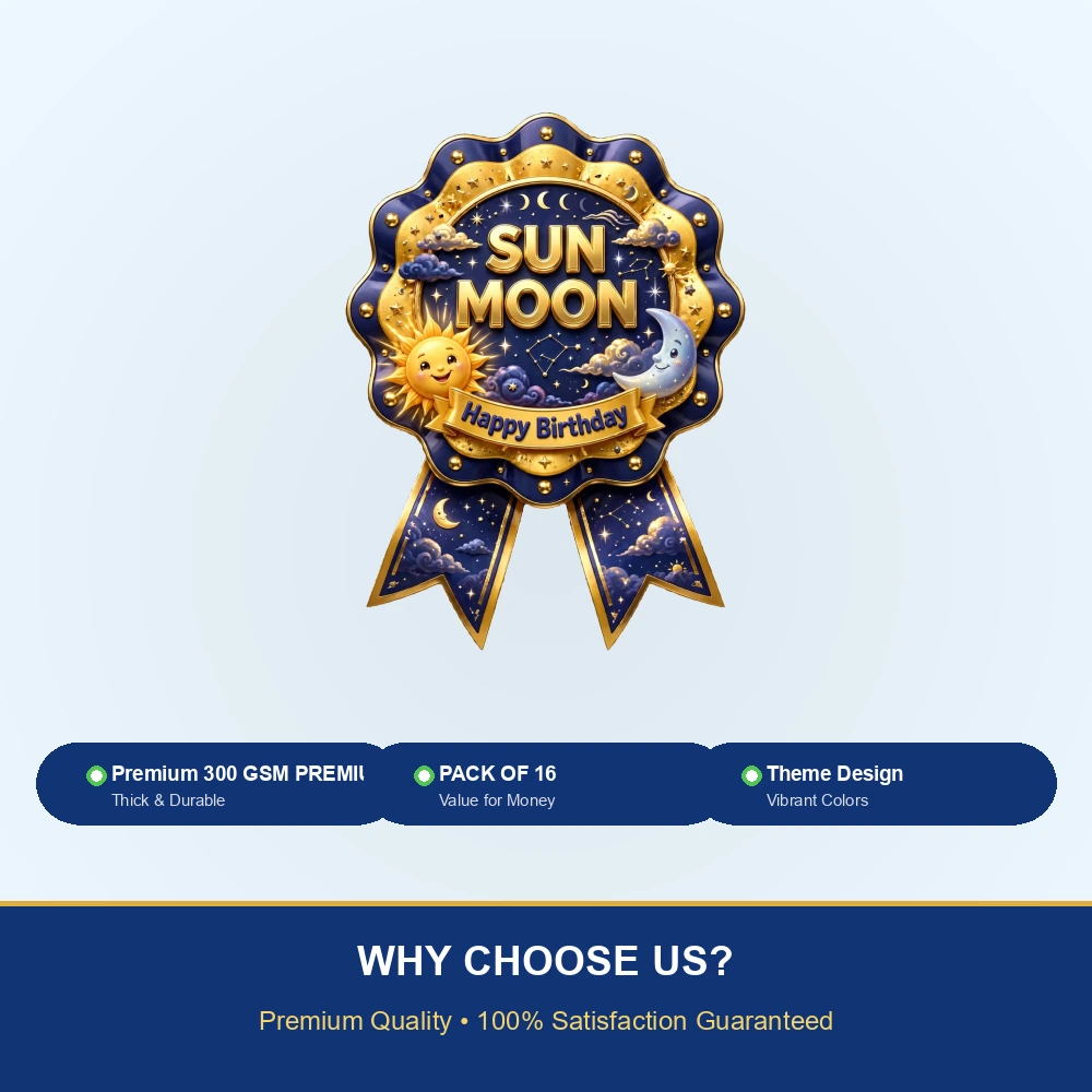 Sun & Moon Theme Theme Badges Birthday Party Supplies (PACK OF 16) - 300 GSM Premium Cardstock with Pin (3.7 x 3 Inch) - Premium Party Decor Supply by Party Decor Mall - View 7