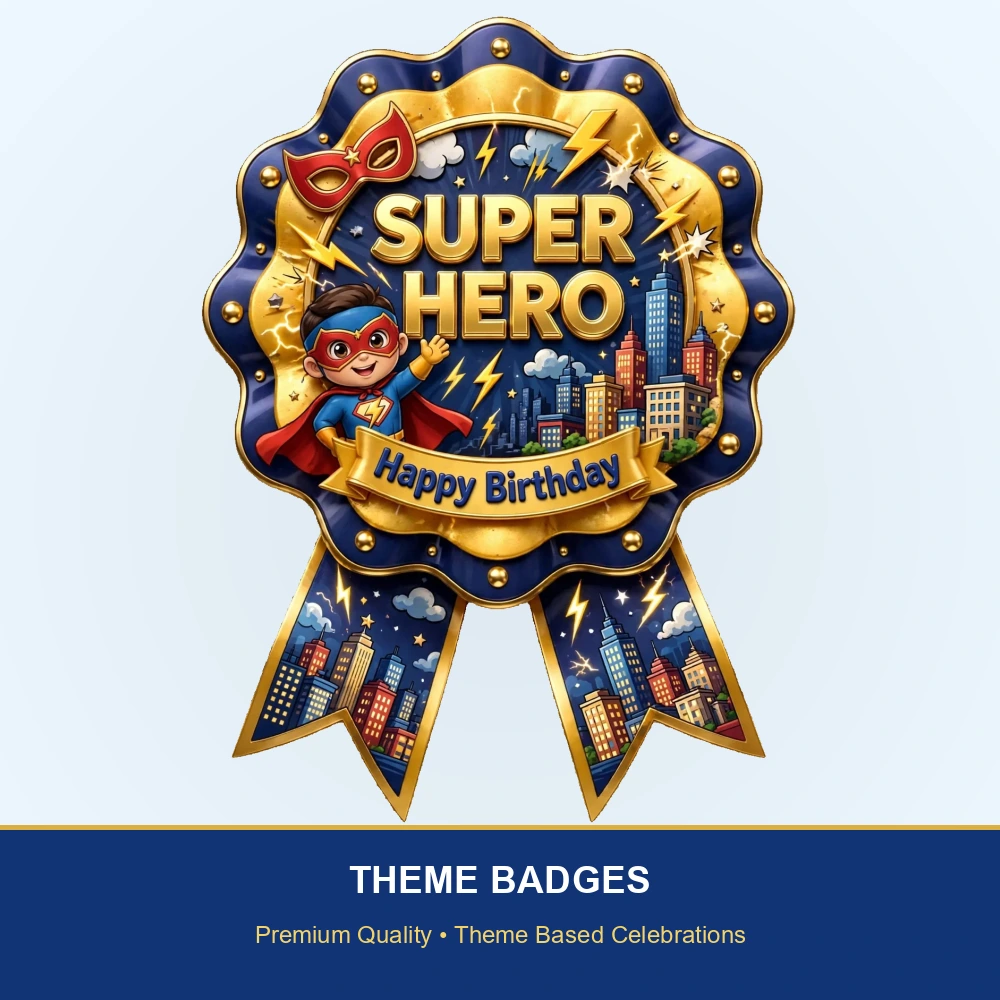 Super Hero Theme Theme Badges Birthday Party Supplies (PACK OF 16) - 300 GSM Premium Cardstock with Pin (3.7 x 3 Inch) - Premium Party Decor Supply by Party Decor Mall - View 2