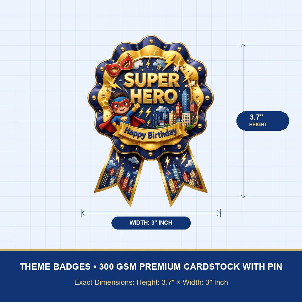 Super Hero Theme Theme Badges Birthday Party Supplies (PACK OF 16) - 300 GSM Premium Cardstock with Pin (3.7 x 3 Inch) - Premium Party Decor Supply by Party Decor Mall - View 4