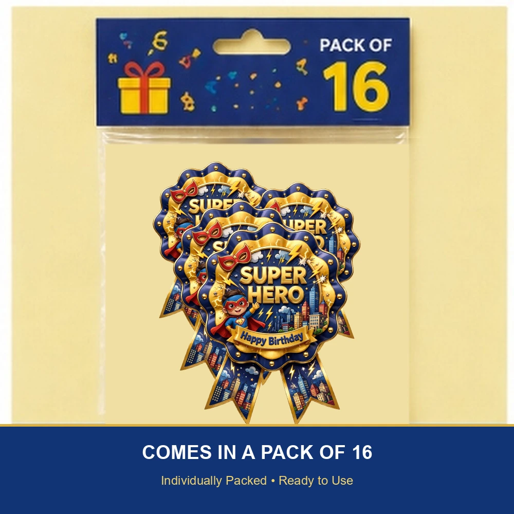 Super Hero Theme Theme Badges Birthday Party Supplies (PACK OF 16) - 300 GSM Premium Cardstock with Pin (3.7 x 3 Inch) - Premium Party Decor Supply by Party Decor Mall - View 6