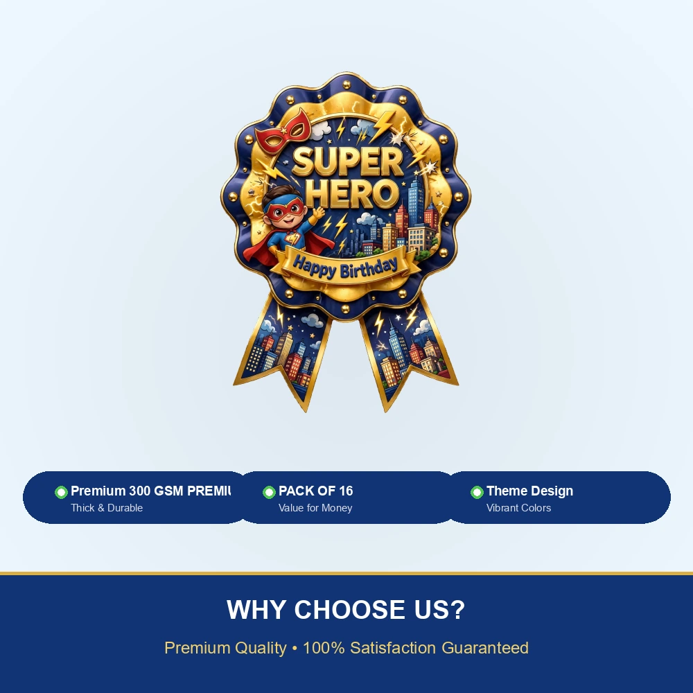 Super Hero Theme Theme Badges Birthday Party Supplies (PACK OF 16) - 300 GSM Premium Cardstock with Pin (3.7 x 3 Inch) - Premium Party Decor Supply by Party Decor Mall - View 7