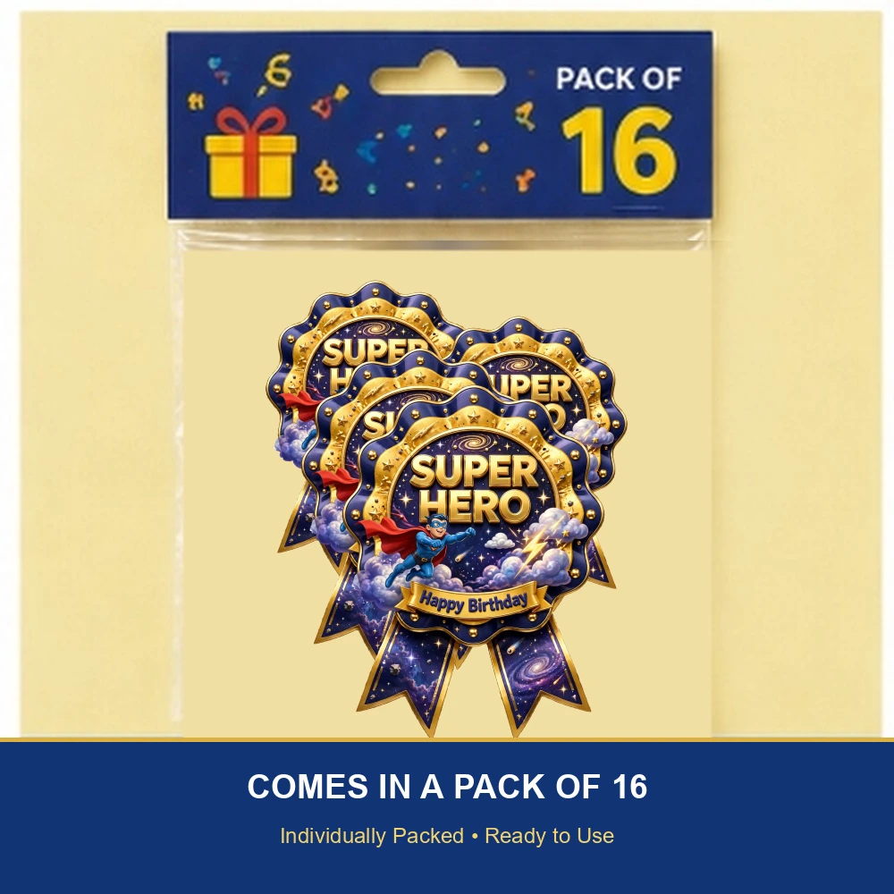 Superman Theme Theme Badges Birthday Party Supplies (PACK OF 16) - 300 GSM Premium Cardstock with Pin (3.7 x 3 Inch) - Premium Party Decor Supply by Party Decor Mall - View 6