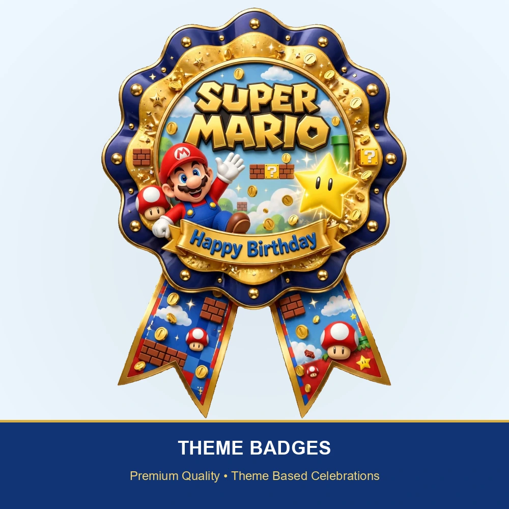 Super Mario Theme Theme Badges Birthday Party Supplies (PACK OF 16) - 300 GSM Premium Cardstock with Pin (3.7 x 3 Inch) - Premium Party Decor Supply by Party Decor Mall - View 2