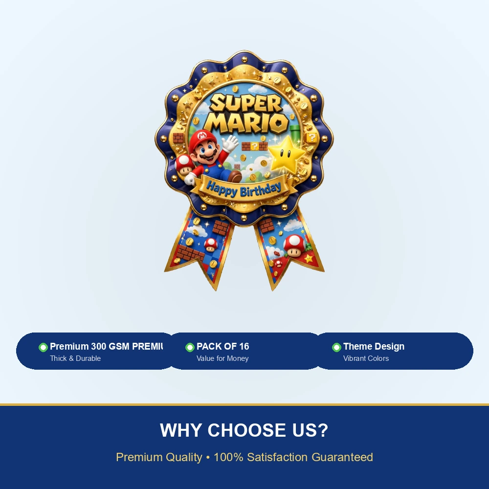 Super Mario Theme Theme Badges Birthday Party Supplies (PACK OF 16) - 300 GSM Premium Cardstock with Pin (3.7 x 3 Inch) - Premium Party Decor Supply by Party Decor Mall - View 7