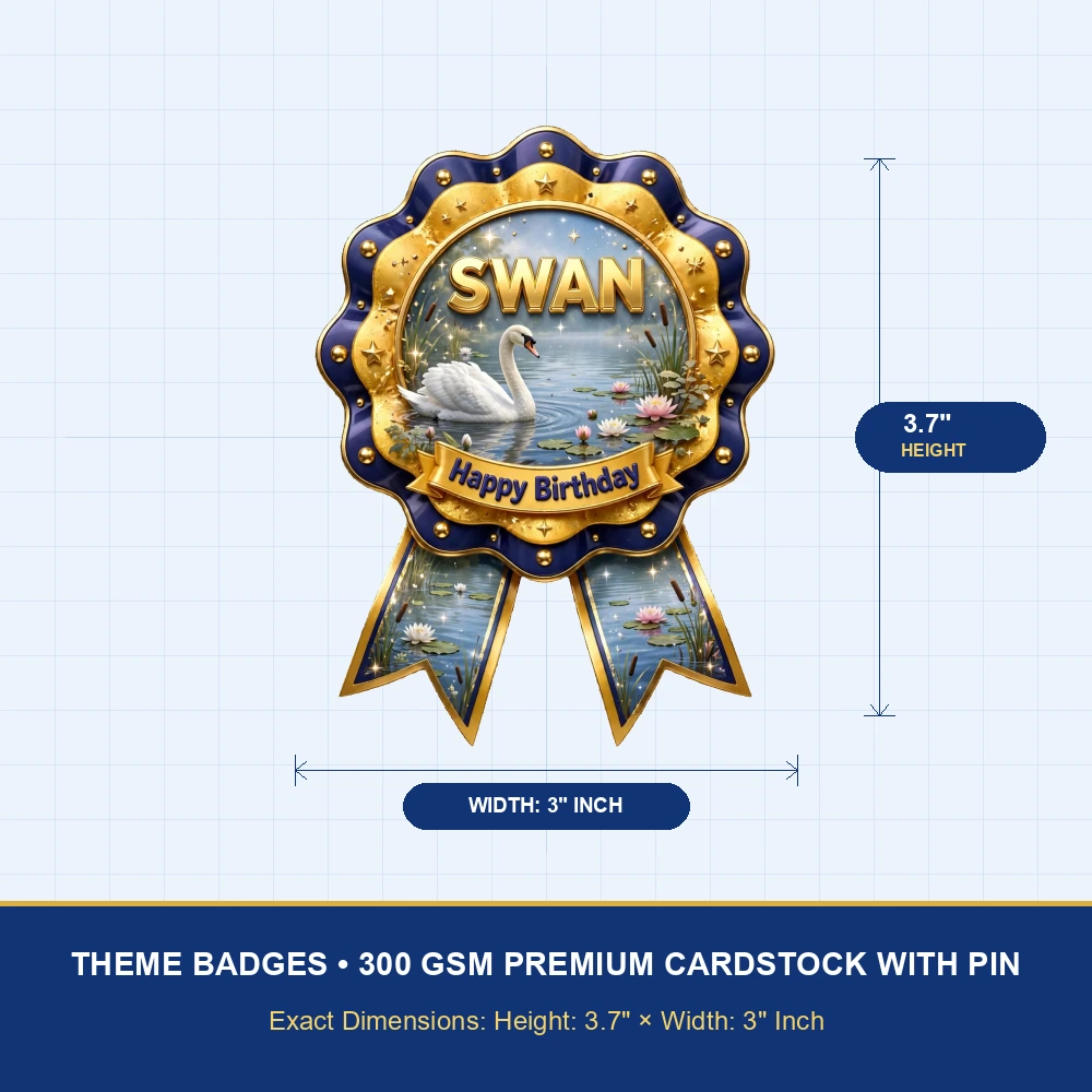 Swan Theme Theme Badges Birthday Party Supplies (PACK OF 16) - 300 GSM Premium Cardstock with Pin (3.7 x 3 Inch) - Premium Party Decor Supply by Party Decor Mall - View 4