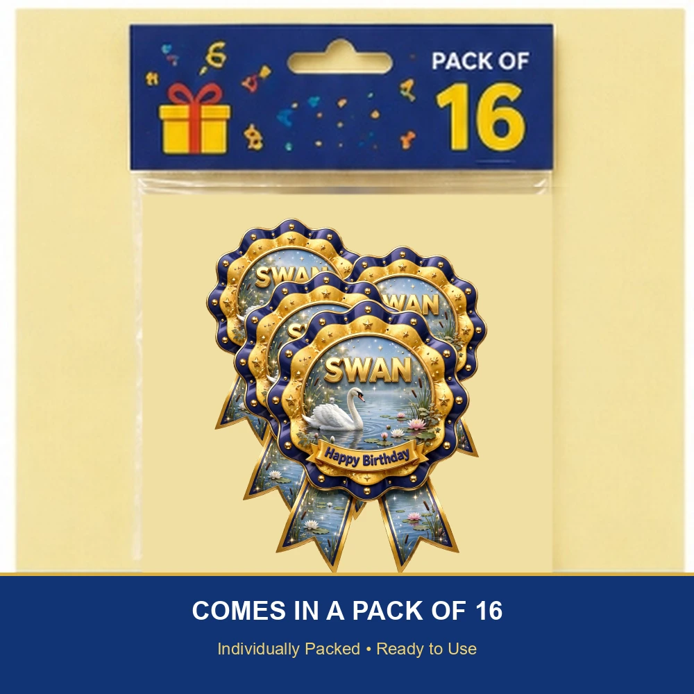 Swan Theme Theme Badges Birthday Party Supplies (PACK OF 16) - 300 GSM Premium Cardstock with Pin (3.7 x 3 Inch) - Premium Party Decor Supply by Party Decor Mall - View 6