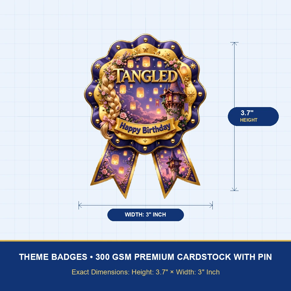 Tangled Theme Theme Badges Birthday Party Supplies (PACK OF 16) - 300 GSM Premium Cardstock with Pin (3.7 x 3 Inch) - Premium Party Decor Supply by Party Decor Mall - View 4