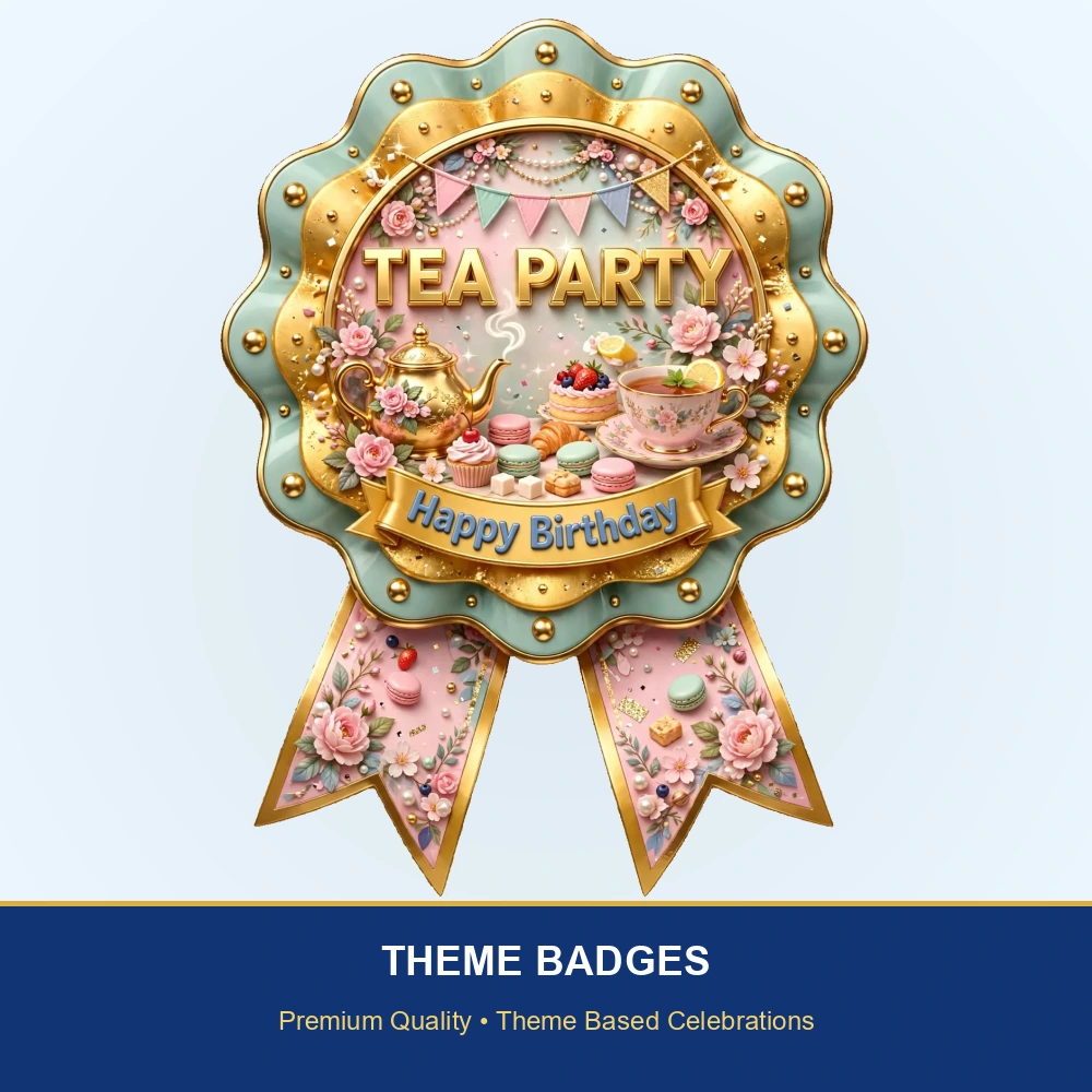 Tea Party Theme Theme Badges Birthday Party Supplies (PACK OF 16) - 300 GSM Premium Cardstock with Pin (3.7 x 3 Inch) - Premium Party Decor Supply by Party Decor Mall - View 2