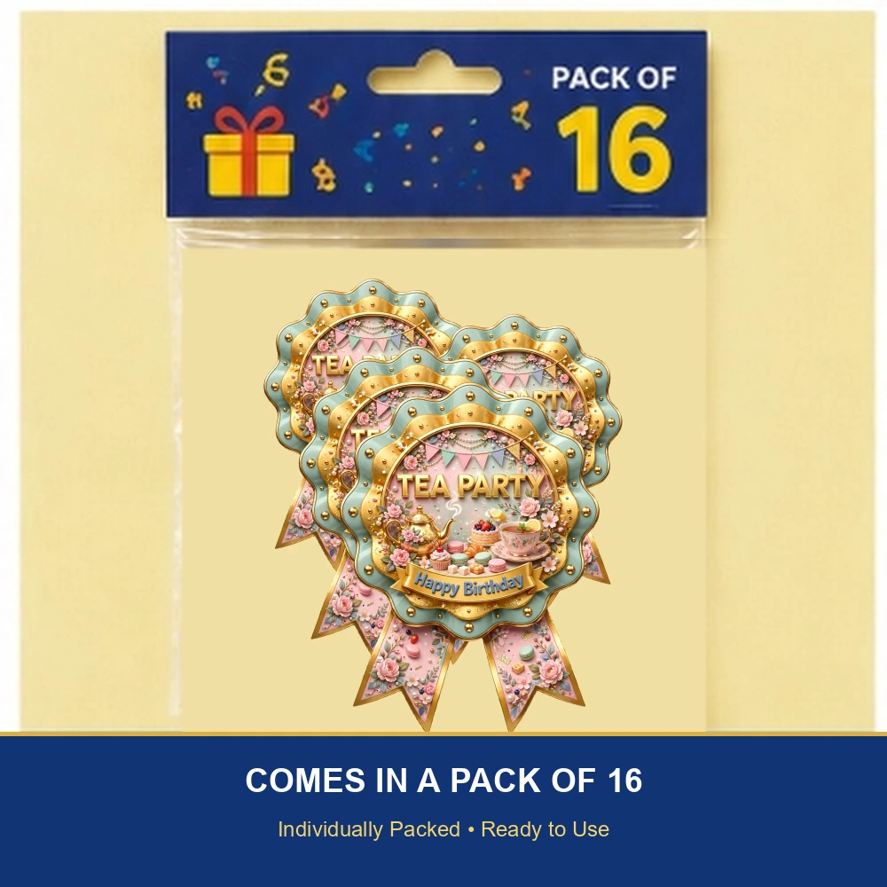 Tea Party Theme Theme Badges Birthday Party Supplies (PACK OF 16) - 300 GSM Premium Cardstock with Pin (3.7 x 3 Inch) - Premium Party Decor Supply by Party Decor Mall - View 6