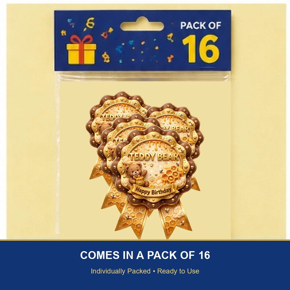 Teddy Bear Theme Theme Badges Birthday Party Supplies (PACK OF 16) - 300 GSM Premium Cardstock with Pin (3.7 x 3 Inch) - Premium Party Decor Supply by Party Decor Mall - View 6