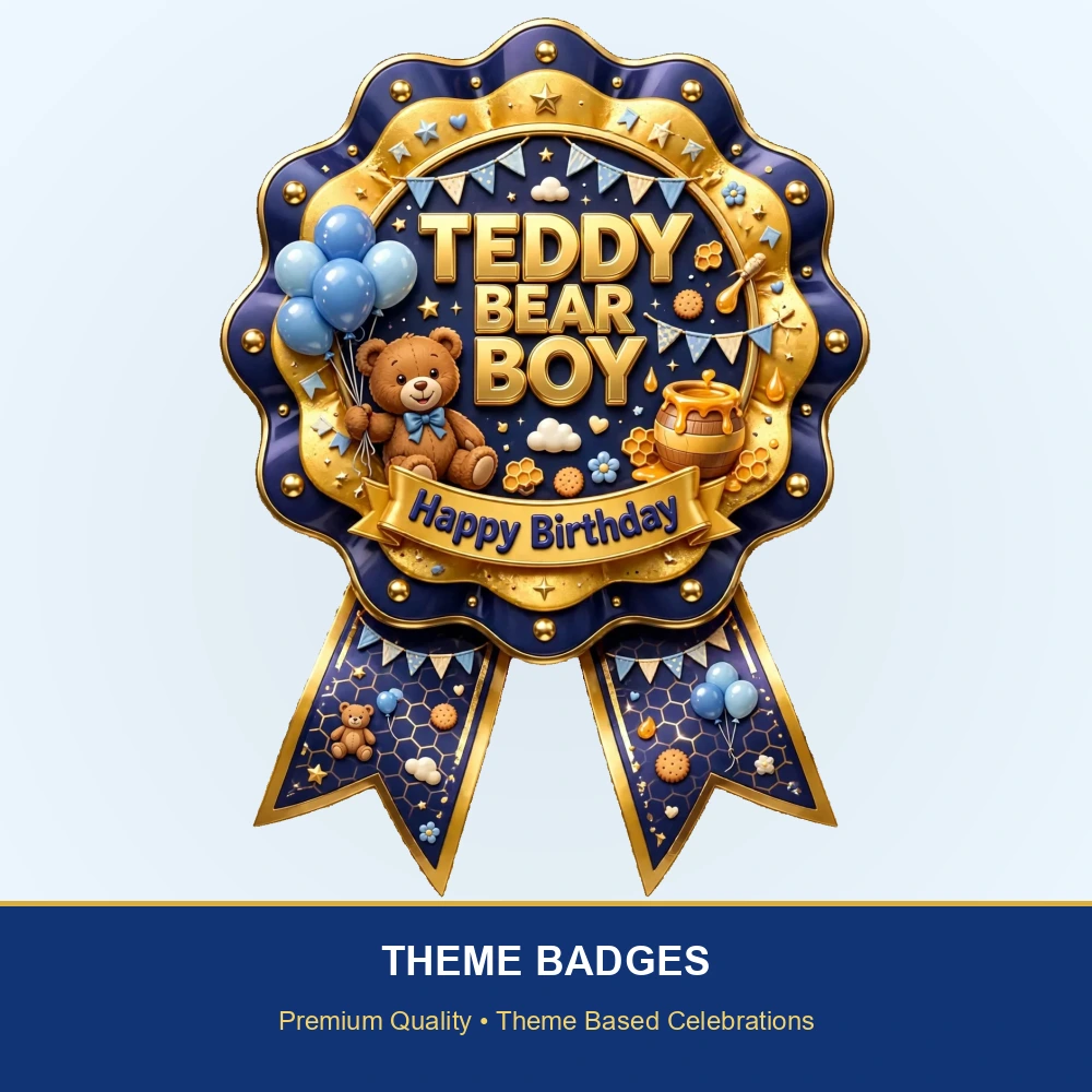 Teddy Bear Boy Theme Theme Badges Birthday Party Supplies (PACK OF 16) - 300 GSM Premium Cardstock with Pin (3.7 x 3 Inch) - Premium Party Decor Supply by Party Decor Mall - View 2