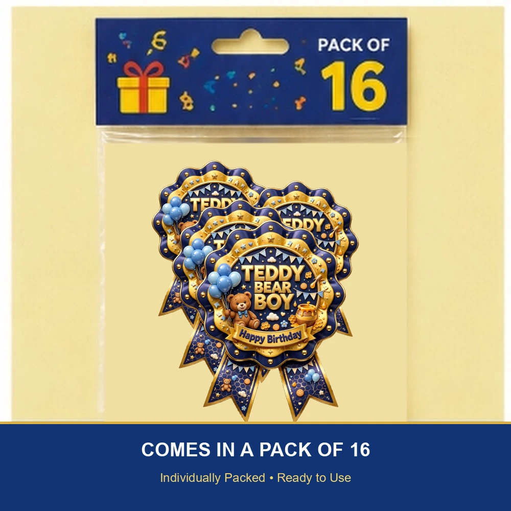 Teddy Bear Boy Theme Theme Badges Birthday Party Supplies (PACK OF 16) - 300 GSM Premium Cardstock with Pin (3.7 x 3 Inch) - Premium Party Decor Supply by Party Decor Mall - View 6