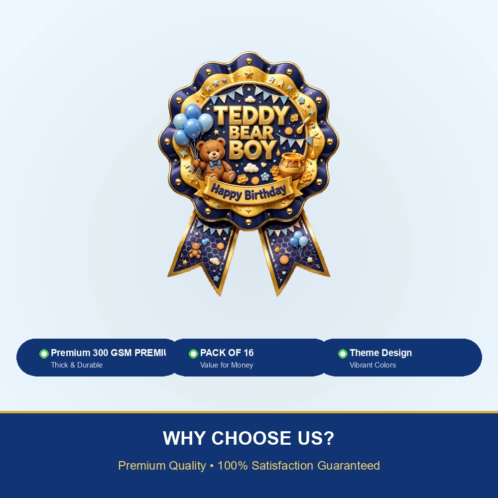 Teddy Bear Boy Theme Theme Badges Birthday Party Supplies (PACK OF 16) - 300 GSM Premium Cardstock with Pin (3.7 x 3 Inch) - Premium Party Decor Supply by Party Decor Mall - View 7
