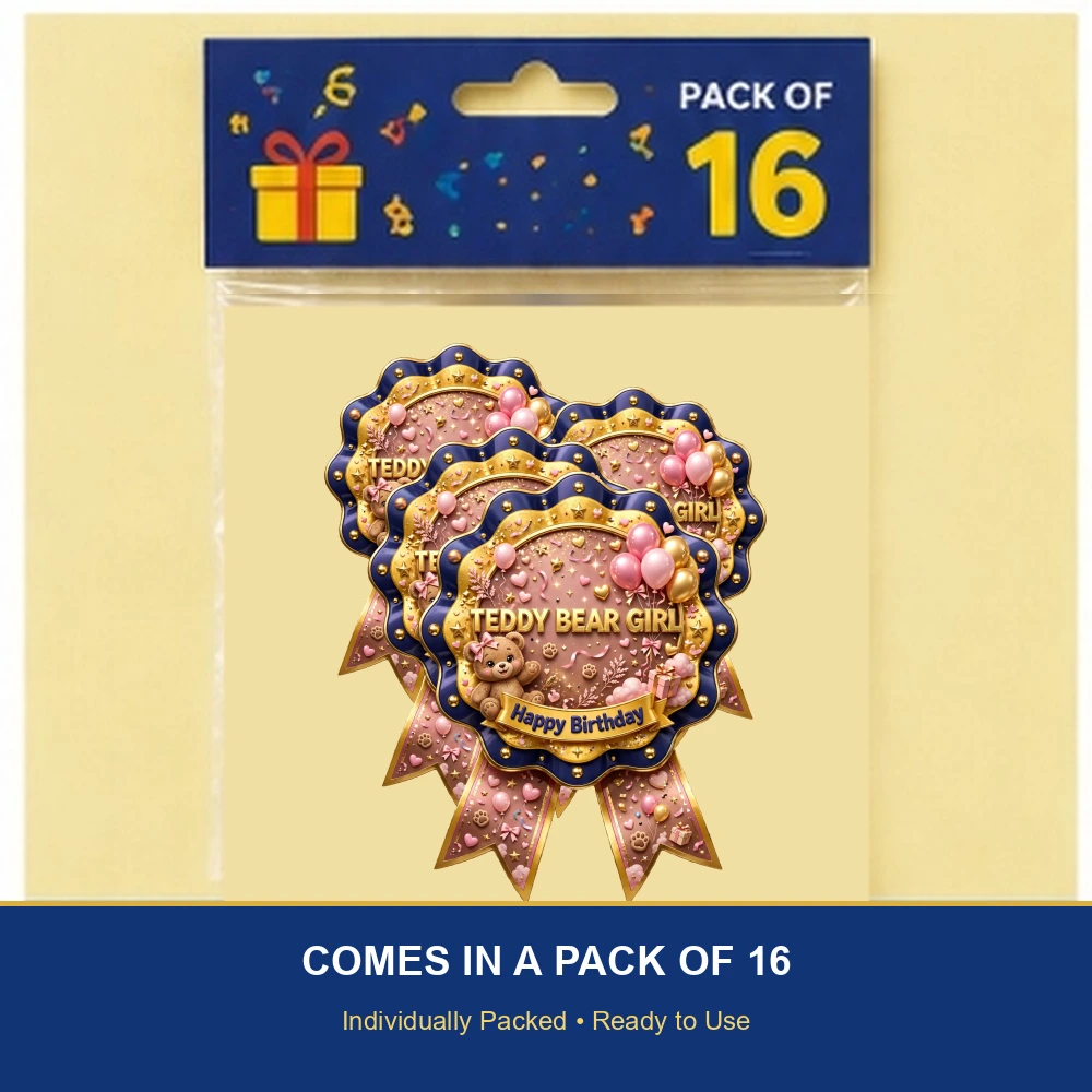 Teddy Bear Girl Theme Theme Badges Birthday Party Supplies (PACK OF 16) - 300 GSM Premium Cardstock with Pin (3.7 x 3 Inch) - Premium Party Decor Supply by Party Decor Mall - View 6