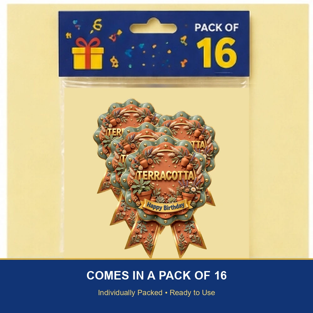Terracotta Theme Theme Badges Birthday Party Supplies (PACK OF 16) - 300 GSM Premium Cardstock with Pin (3.7 x 3 Inch) - Premium Party Decor Supply by Party Decor Mall - View 6