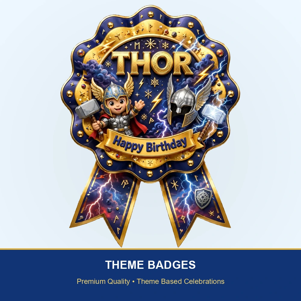 Thor Theme Theme Badges Birthday Party Supplies (PACK OF 16) - 300 GSM Premium Cardstock with Pin (3.7 x 3 Inch) - Premium Party Decor Supply by Party Decor Mall - View 2
