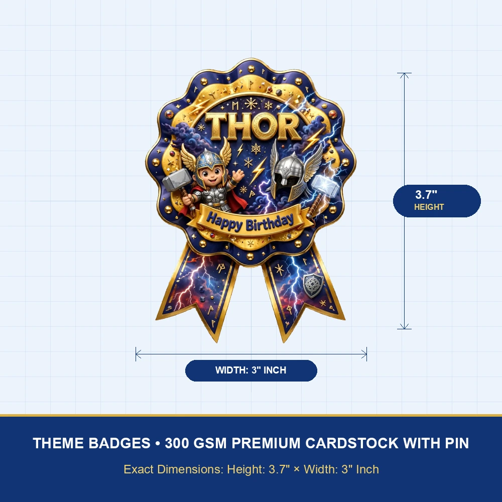 Thor Theme Theme Badges Birthday Party Supplies (PACK OF 16) - 300 GSM Premium Cardstock with Pin (3.7 x 3 Inch) - Premium Party Decor Supply by Party Decor Mall - View 4