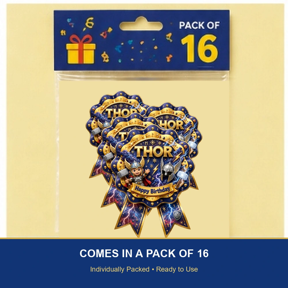Thor Theme Theme Badges Birthday Party Supplies (PACK OF 16) - 300 GSM Premium Cardstock with Pin (3.7 x 3 Inch) - Premium Party Decor Supply by Party Decor Mall - View 6