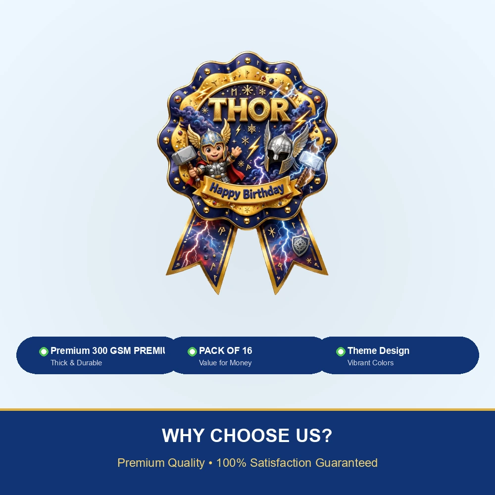 Thor Theme Theme Badges Birthday Party Supplies (PACK OF 16) - 300 GSM Premium Cardstock with Pin (3.7 x 3 Inch) - Premium Party Decor Supply by Party Decor Mall - View 7