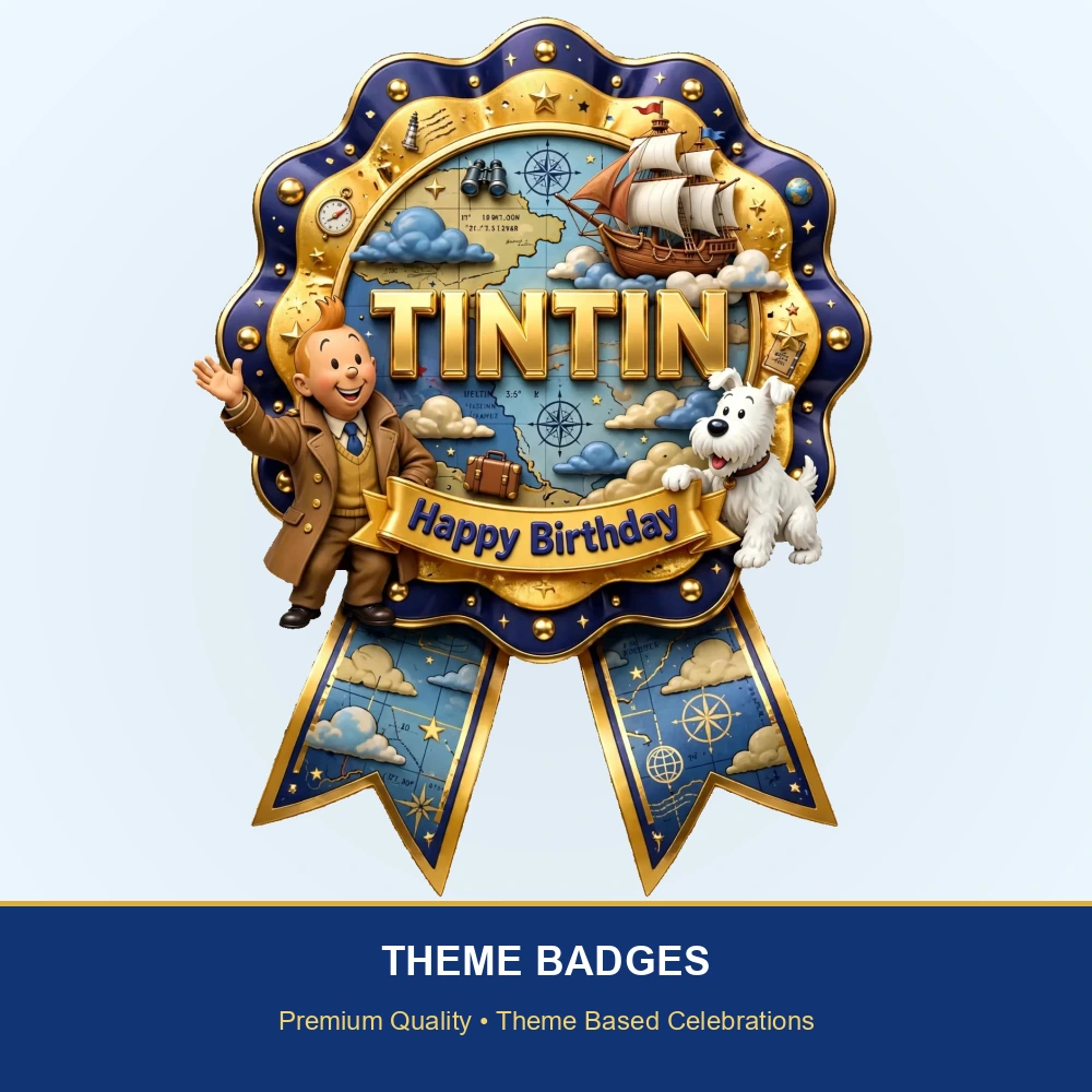 Tintin Theme Theme Badges Birthday Party Supplies (PACK OF 16) - 300 GSM Premium Cardstock with Pin (3.7 x 3 Inch) - Premium Party Decor Supply by Party Decor Mall - View 2