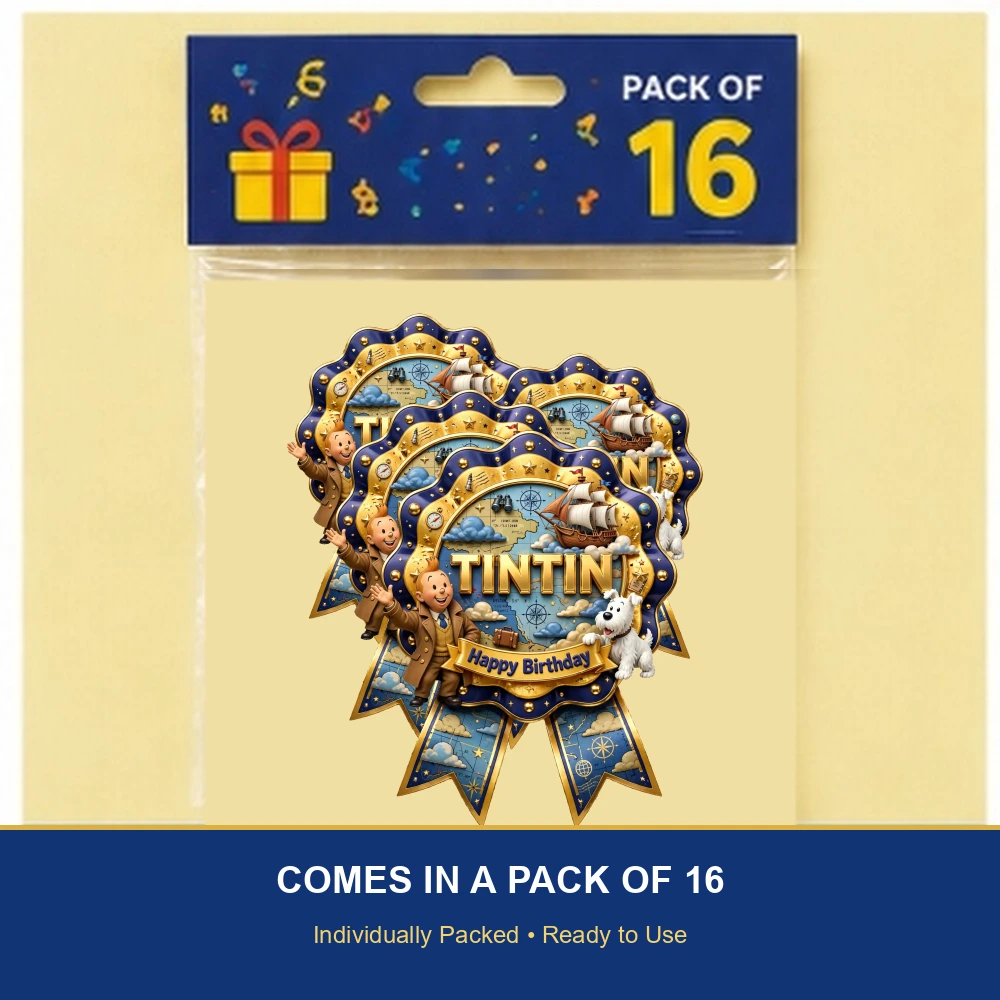 Tintin Theme Theme Badges Birthday Party Supplies (PACK OF 16) - 300 GSM Premium Cardstock with Pin (3.7 x 3 Inch) - Premium Party Decor Supply by Party Decor Mall - View 6
