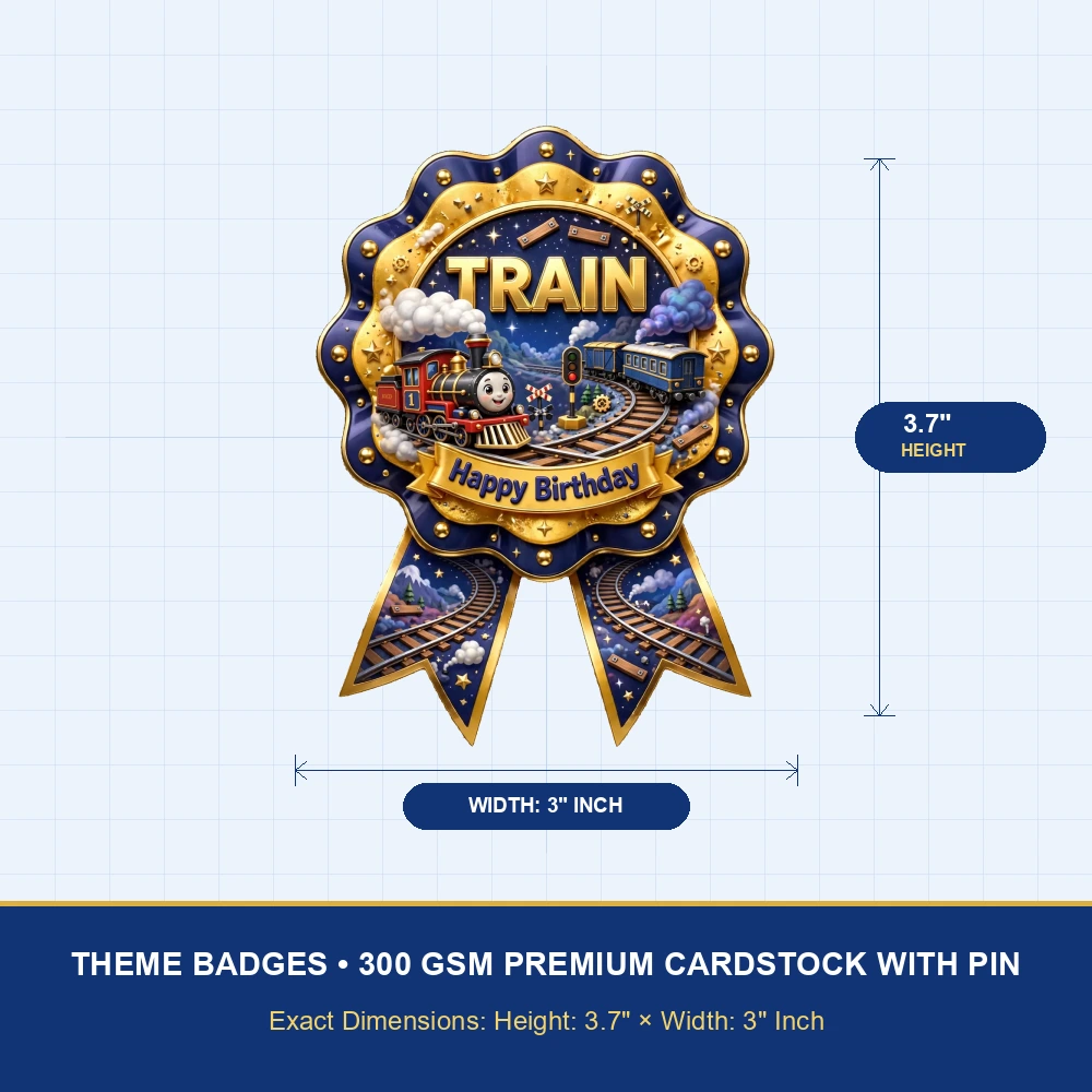Train Theme Theme Badges Birthday Party Supplies (PACK OF 16) - 300 GSM Premium Cardstock with Pin (3.7 x 3 Inch) - Premium Party Decor Supply by Party Decor Mall - View 4