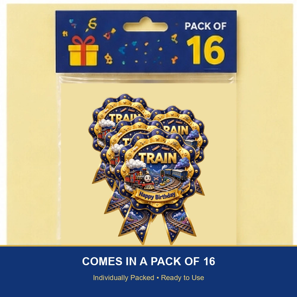 Train Theme Theme Badges Birthday Party Supplies (PACK OF 16) - 300 GSM Premium Cardstock with Pin (3.7 x 3 Inch) - Premium Party Decor Supply by Party Decor Mall - View 6