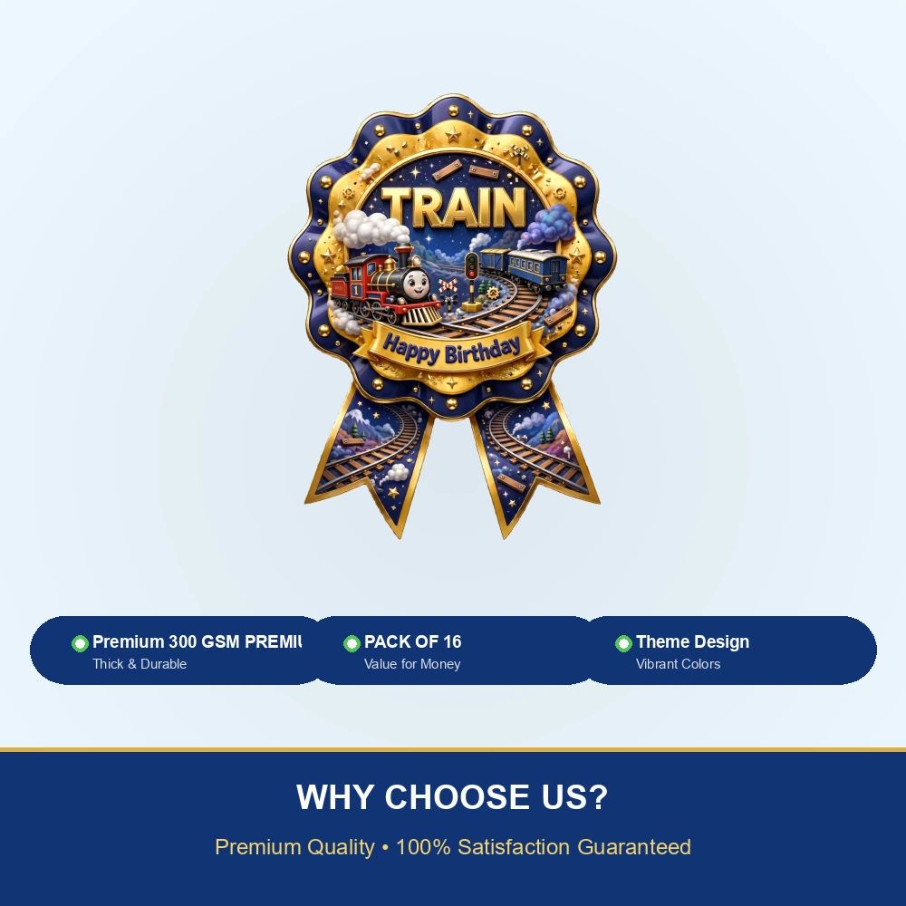 Train Theme Theme Badges Birthday Party Supplies (PACK OF 16) - 300 GSM Premium Cardstock with Pin (3.7 x 3 Inch) - Premium Party Decor Supply by Party Decor Mall - View 7