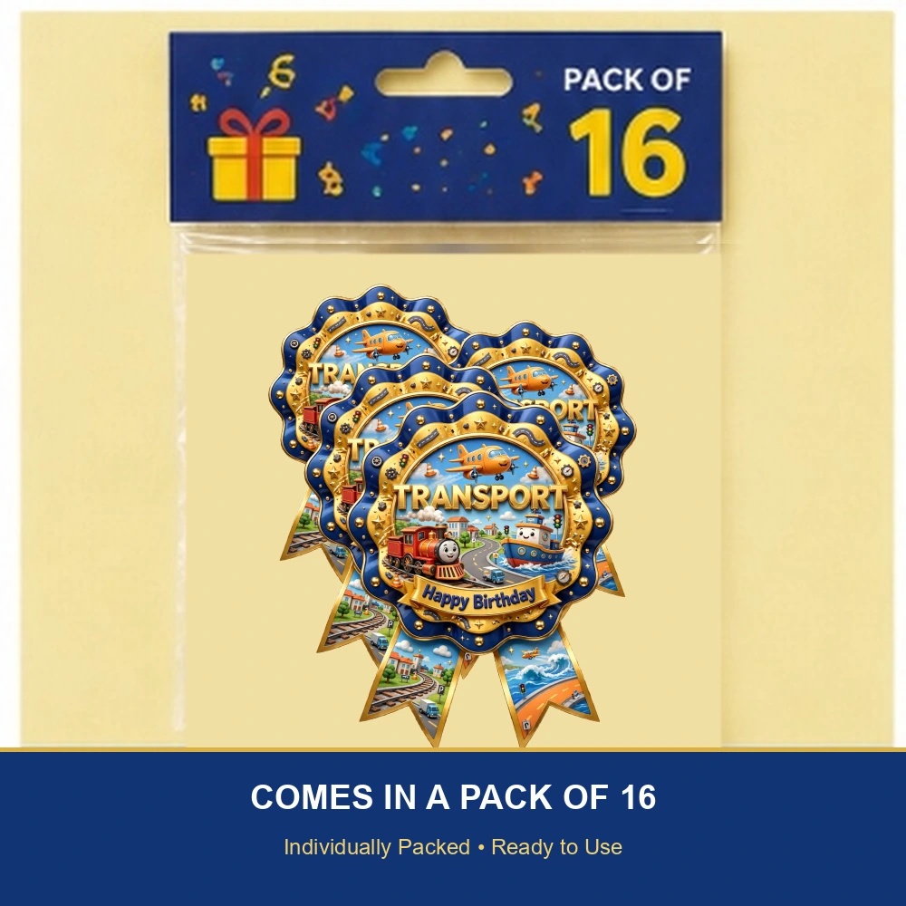 Transport Theme Theme Badges Birthday Party Supplies (PACK OF 16) - 300 GSM Premium Cardstock with Pin (3.7 x 3 Inch) - Premium Party Decor Supply by Party Decor Mall - View 6