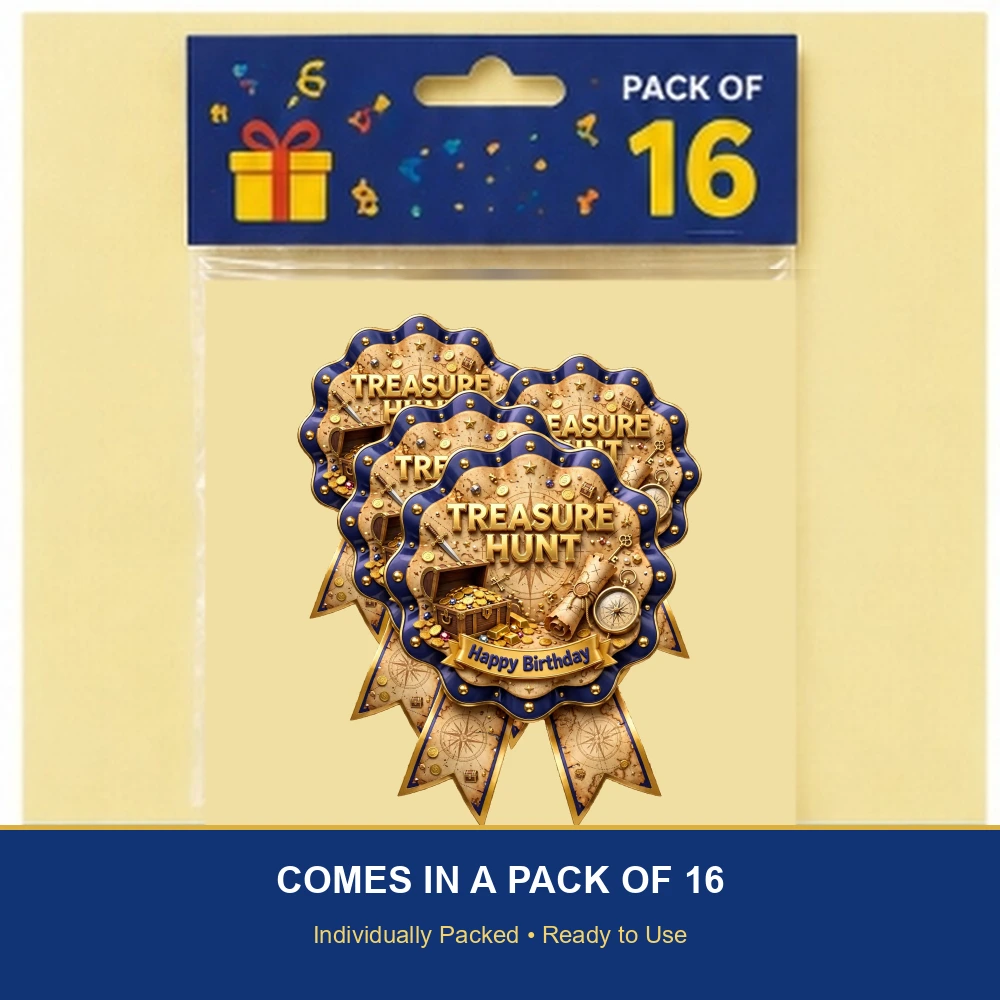 Treasure Hunt Theme Theme Badges Birthday Party Supplies (PACK OF 16) - 300 GSM Premium Cardstock with Pin (3.7 x 3 Inch) - Premium Party Decor Supply by Party Decor Mall - View 6