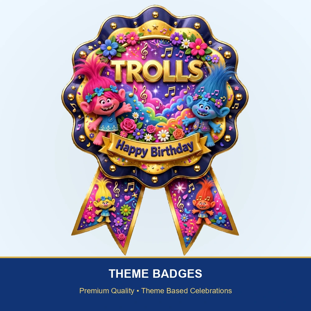 Trolls Theme Theme Badges Birthday Party Supplies (PACK OF 16) - 300 GSM Premium Cardstock with Pin (3.7 x 3 Inch) - Premium Party Decor Supply by Party Decor Mall - View 2