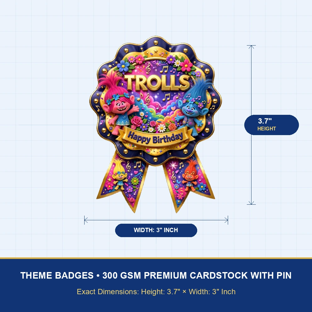 Trolls Theme Theme Badges Birthday Party Supplies (PACK OF 16) - 300 GSM Premium Cardstock with Pin (3.7 x 3 Inch) - Premium Party Decor Supply by Party Decor Mall - View 4