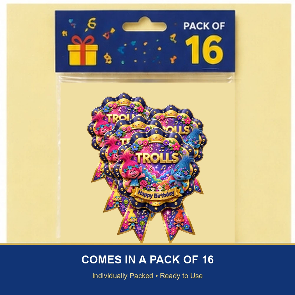Trolls Theme Theme Badges Birthday Party Supplies (PACK OF 16) - 300 GSM Premium Cardstock with Pin (3.7 x 3 Inch) - Premium Party Decor Supply by Party Decor Mall - View 6