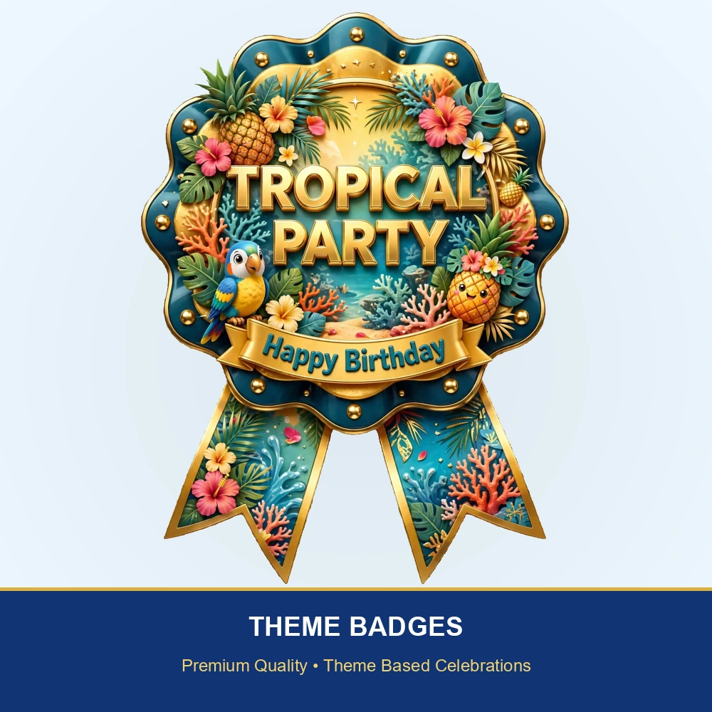 Tropical Party Theme Theme Badges Birthday Party Supplies (PACK OF 16) - 300 GSM Premium Cardstock with Pin (3.7 x 3 Inch) - Premium Party Decor Supply by Party Decor Mall - View 2