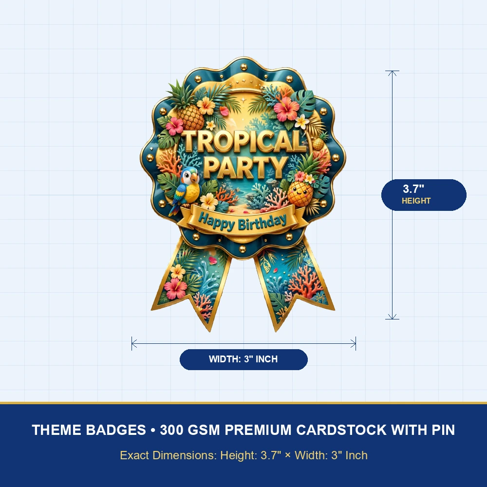 Tropical Party Theme Theme Badges Birthday Party Supplies (PACK OF 16) - 300 GSM Premium Cardstock with Pin (3.7 x 3 Inch) - Premium Party Decor Supply by Party Decor Mall - View 4