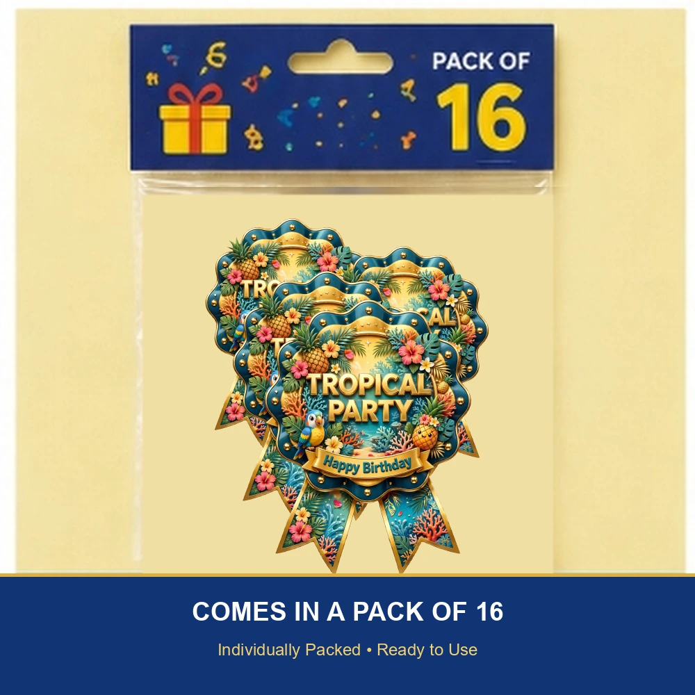 Tropical Party Theme Theme Badges Birthday Party Supplies (PACK OF 16) - 300 GSM Premium Cardstock with Pin (3.7 x 3 Inch) - Premium Party Decor Supply by Party Decor Mall - View 6