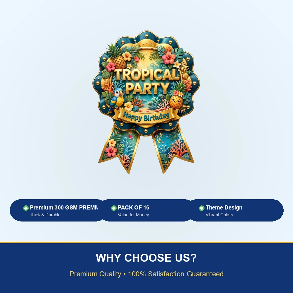 Tropical Party Theme Theme Badges Birthday Party Supplies (PACK OF 16) - 300 GSM Premium Cardstock with Pin (3.7 x 3 Inch) - Premium Party Decor Supply by Party Decor Mall - View 7