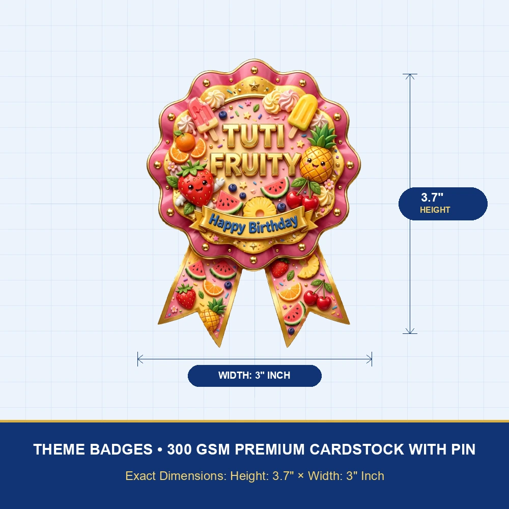 Tuti Fruity Theme Theme Badges Birthday Party Supplies (PACK OF 16) - 300 GSM Premium Cardstock with Pin (3.7 x 3 Inch) - Premium Party Decor Supply by Party Decor Mall - View 4
