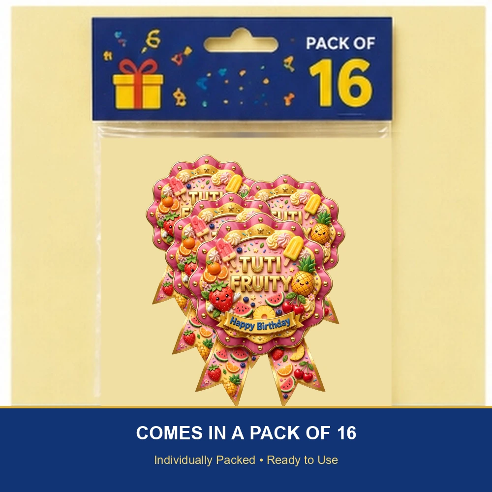 Tuti Fruity Theme Theme Badges Birthday Party Supplies (PACK OF 16) - 300 GSM Premium Cardstock with Pin (3.7 x 3 Inch) - Premium Party Decor Supply by Party Decor Mall - View 6