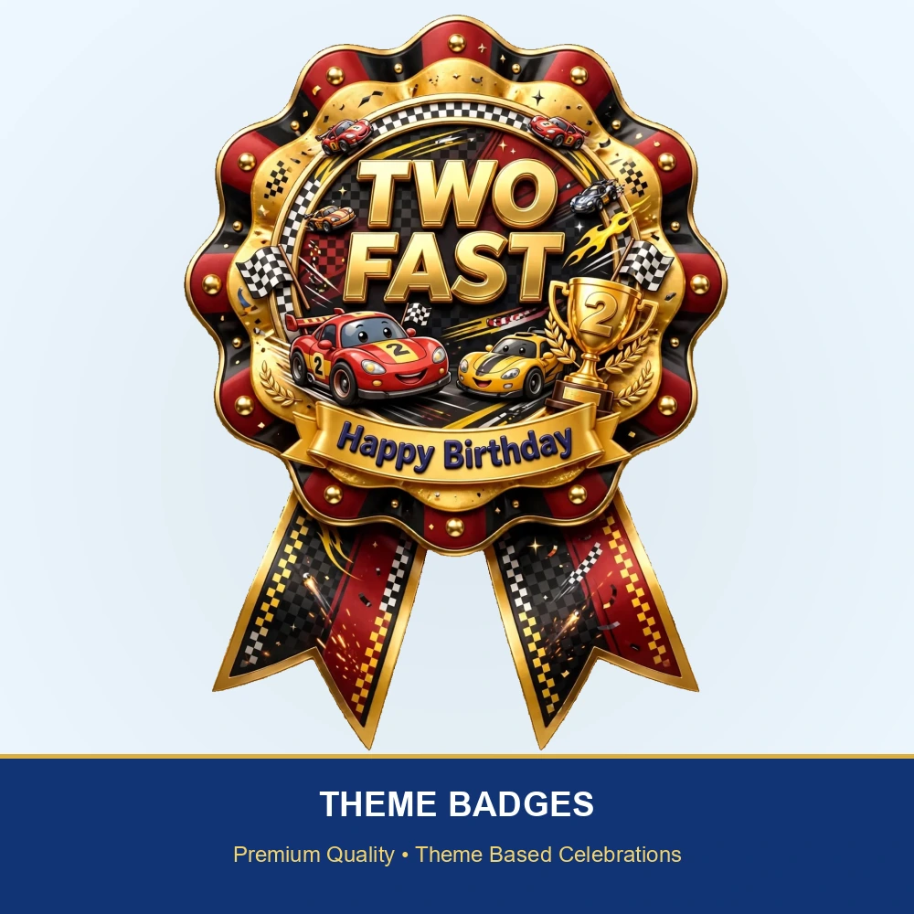 Two Fast Theme Theme Badges Birthday Party Supplies (PACK OF 16) - 300 GSM Premium Cardstock with Pin (3.7 x 3 Inch) - Premium Party Decor Supply by Party Decor Mall - View 2