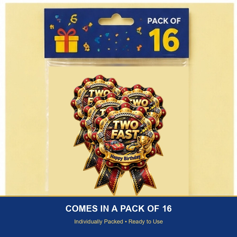 Two Fast Theme Theme Badges Birthday Party Supplies (PACK OF 16) - 300 GSM Premium Cardstock with Pin (3.7 x 3 Inch) - Premium Party Decor Supply by Party Decor Mall - View 6