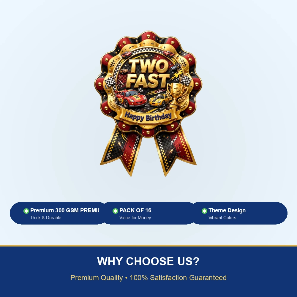 Two Fast Theme Theme Badges Birthday Party Supplies (PACK OF 16) - 300 GSM Premium Cardstock with Pin (3.7 x 3 Inch) - Premium Party Decor Supply by Party Decor Mall - View 7