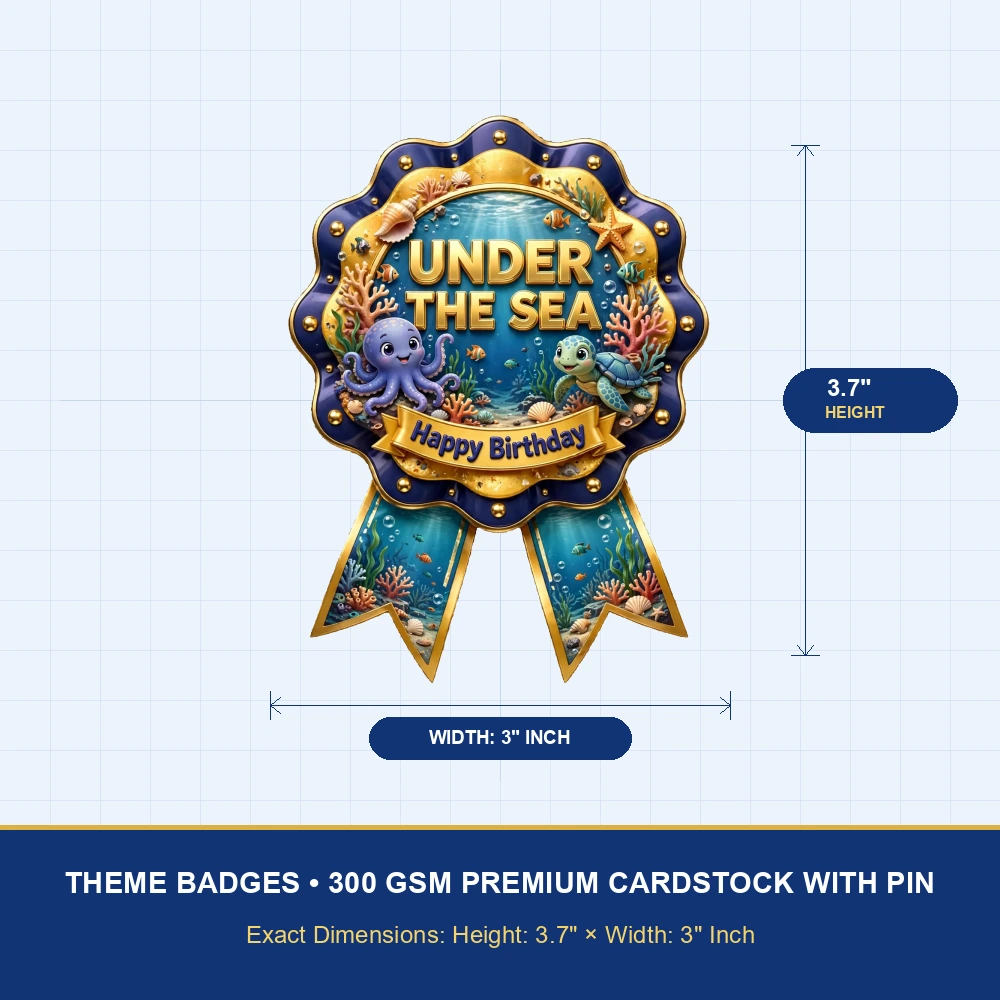 Under The Sea Theme Theme Badges Birthday Party Supplies (PACK OF 16) - 300 GSM Premium Cardstock with Pin (3.7 x 3 Inch) - Premium Party Decor Supply by Party Decor Mall - View 4