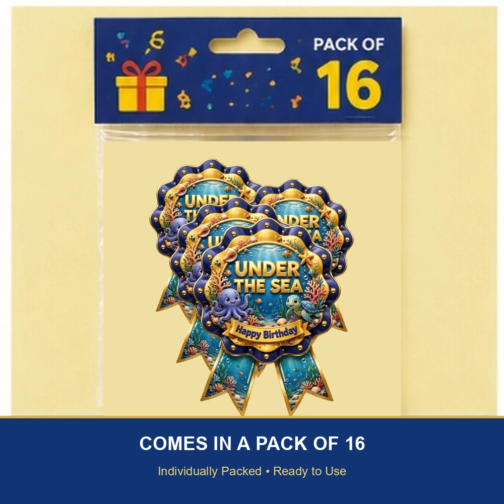 Under The Sea Theme Theme Badges Birthday Party Supplies (PACK OF 16) - 300 GSM Premium Cardstock with Pin (3.7 x 3 Inch) - Premium Party Decor Supply by Party Decor Mall - View 6