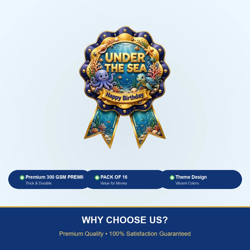 Under The Sea Theme Theme Badges Birthday Party Supplies (PACK OF 16) - 300 GSM Premium Cardstock with Pin (3.7 x 3 Inch) - Premium Party Decor Supply by Party Decor Mall - View 7