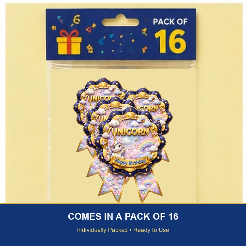 Unicorn Theme Theme Badges Birthday Party Supplies (PACK OF 16) - 300 GSM Premium Cardstock with Pin (3.7 x 3 Inch) - Premium Party Decor Supply by Party Decor Mall - View 6