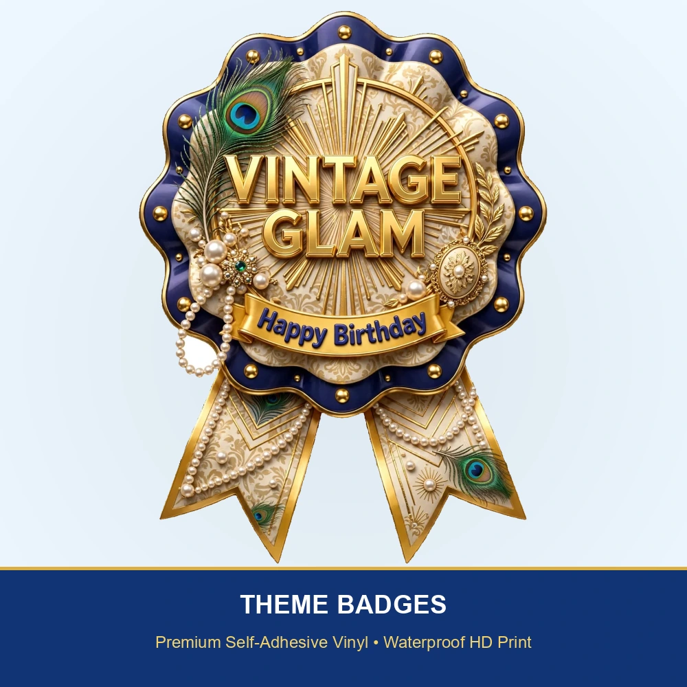 Vintage Glam Theme Theme Badges Birthday Party Supplies (PACK OF 16) - 300 GSM Premium Cardstock with Pin (3.7 x 3 Inch) - Premium Party Decor Supply by Party Decor Mall - View 2