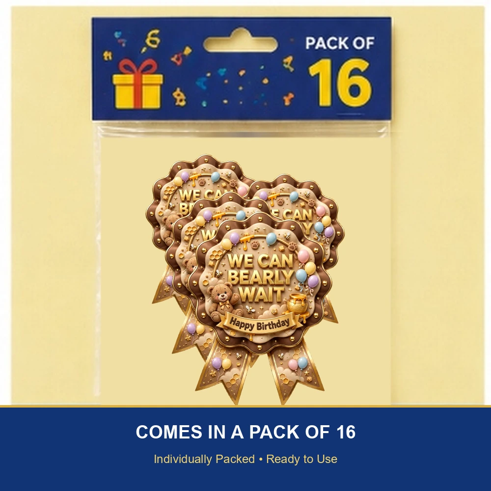We Can Bearly Wait Theme Theme Badges Birthday Party Supplies (PACK OF 16) - 300 GSM Premium Cardstock with Pin (3.7 x 3 Inch) - Premium Party Decor Supply by Party Decor Mall - View 6